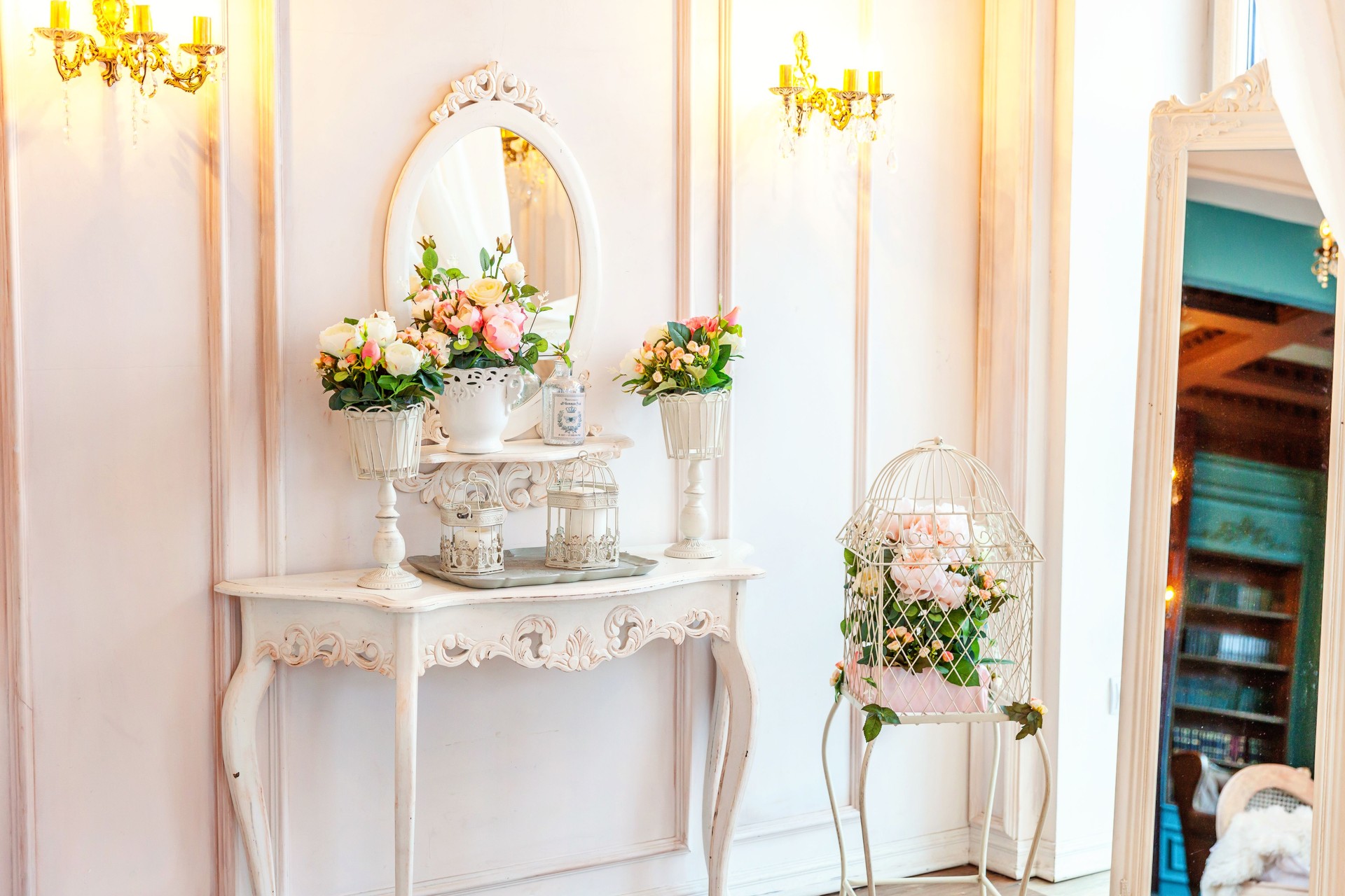 Beautiful white bright clean interior bedroom with large window, armchair in luxurious baroque style